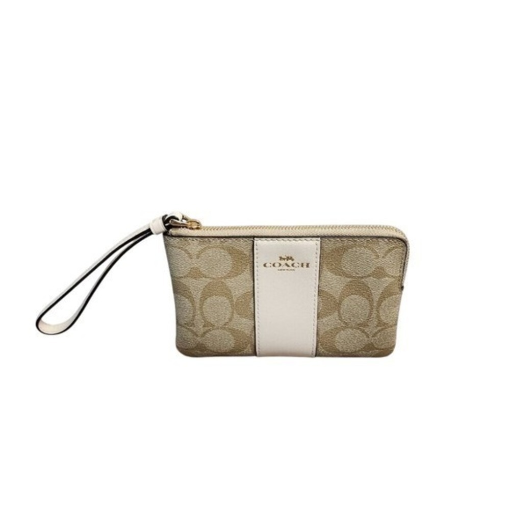 Coach Corner Zip Wristlet Light Khaki Chalk Signature Canvas